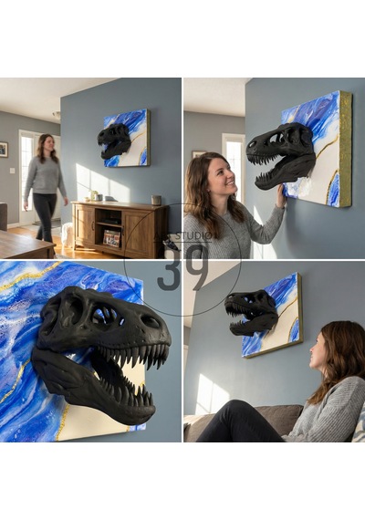 3d T-rex Kafatası Altın Varaklı Geode Epoksi Duvar Tablosu, El Yapımı Heykelsi Sanat Eseri, 25 25 Cm, Statement Tasarım 25 x 25