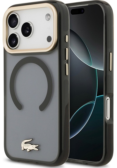 Apple Uyumlu iPhone 17 Pro Kılıf Lacoste Lisanslı M-safe Özellikli Gold Timsah Logolu Buzlu Kapak Siyah Siyah