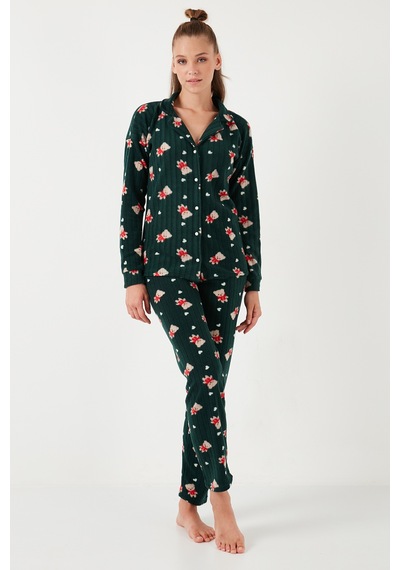 Lela Standart Fit Düğmeli Polarlı Bayan Pijama Takımı 6095615 Yeşil