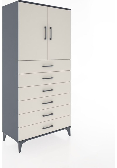 Hyperion Dolap Tek Raflı 6 Çekmeceli 2 Kapaklı 88x44x182 Antrasit-aytaşı Antrasit