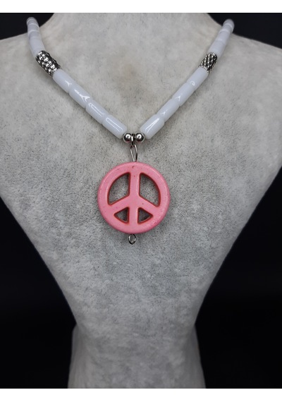 Mryart Doğal Taş Boncuklu Pembe Barış Sembollü Kolye Unisex Bohem Tarz Aksesuar 001 - Beyaz