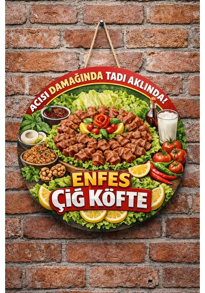 Mayeka Çiğ Köfte Dükkanı İçin Duvar Kapı Tablo Süsü Ahşap Askılı Pano Tabela No 5