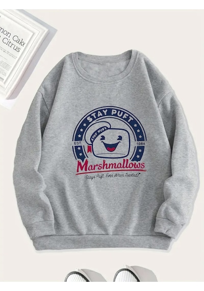 Uyguntarz Unisex Sevimli Marshmallows Baskılı Oversize Sweatshirt Gri