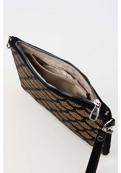 Vivaq Kadın Yelpazer Altın Taşlı Süet Bilek Askılı Ve Zincir Askılı Portföy El Ve Clutch Çanta SİYAH