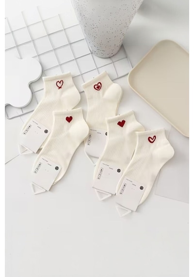Hitit Socks Kadın 5 Çift Kalp Desenli Kısa Patik Çorap Ekru Çok Renkli