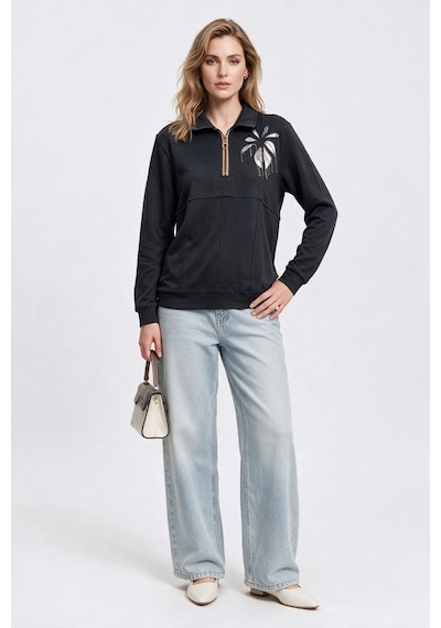 Vedi-bb Kadın Dik Yaka Yarım Fermuarlı İşlemeli Uzun Kollu Sweatshirt Siyah