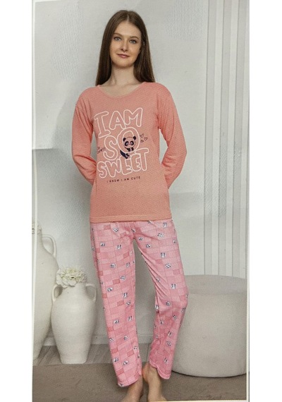 Novavita Yenihayat Yazı Basklı Pamuklu Pembe Resimli Pijama Takımı