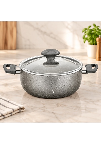 Granit Derin Tencere 24 Cm Cam Kapak Gri Kırçıllı Çok Renkli