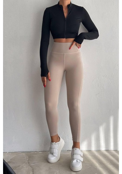 Balenbi Haute Kadın Yüksek Bel Toparlayıcı Çift Cepli Leggings Fitness Tayt 1092 Bej