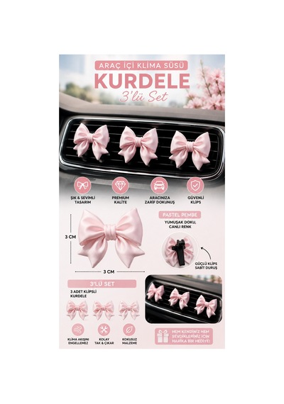 Kurdele Araç İçi Klima Süsü Pastel Pembe 3'lü Set Klipsli Araba Klima Süsü Oto Aksesuar