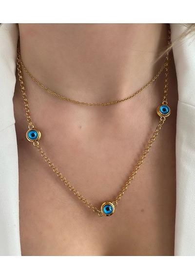 Pinery Jewels Cam Göz Nazar Boncuklu Gold Zincir Kolye Altın