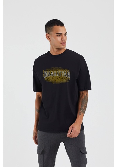 Thewert Unisex Manhattan Baskılı Siyah Oversize Tshirt