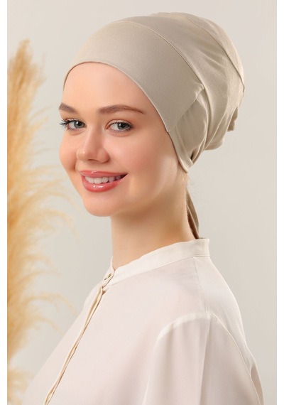 Melodi Scarf Kadın Tesettür Dikişli Set Bone Bej 5 Adet Bağlamalı Penye Bone Bej