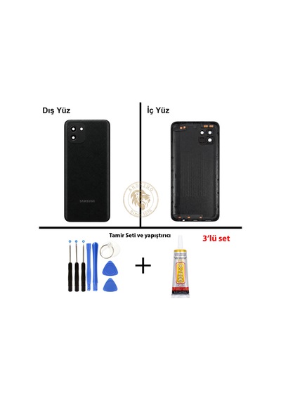 Samsung Galaxy A03s Siyah Renk Lensli Arka Kapak + Tamir Seti + B7000 Yapıştırıcı Arka Cam Batarya Kapağı Pil Kapağı Lazer Kesim Back Cover Galaxy A03s Uyumlu 53915472