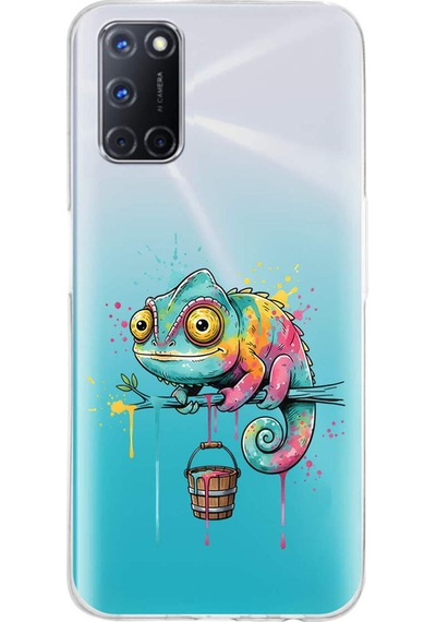Oppo A72 İle Uyumlu Splash Bukalemun Tasarımlı Şeffaf Silikon Kılıf Şeffaf