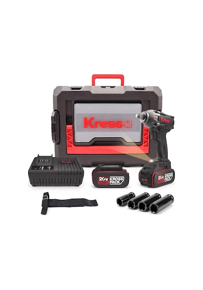 Kress Kub30.2set 20volt/4.0ah. Li-ion Çift Akülü 300nm Kömürsüz Profesyonel Şarjlı Somun Sıkma + 4 Parça Derin Lokma Seti