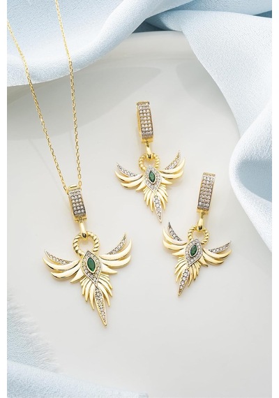 Tr 925 Ayar Gümüş Zümrüdüanka Kolye Küpe Seti, Kadın, Gold Genel