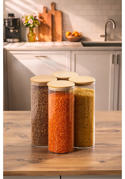Porsima 4-4 Bambu Borosilikat Vakumlu Kapaklı Yuvarlak Cam 4lü Kavanoz Seti Saklama Kabı 2100ml 10x30cm