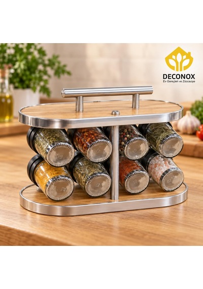 Ahşap Ve Paslanmaz Çelik Standlı 8'li Cam Baharatlık Seti, 8 X 120 Ml, Taşıma Kulplu, İki Sıralı Tezgah Üstü Baharat Düzenleyici, Dökme Başlıklı Diğer
