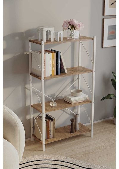 Dört Katli Çok Amaçli Rafli Kitaplik Beyaz Profil Çam Sunta 60x24x115 Cm Mtl020 Beyaz-çam