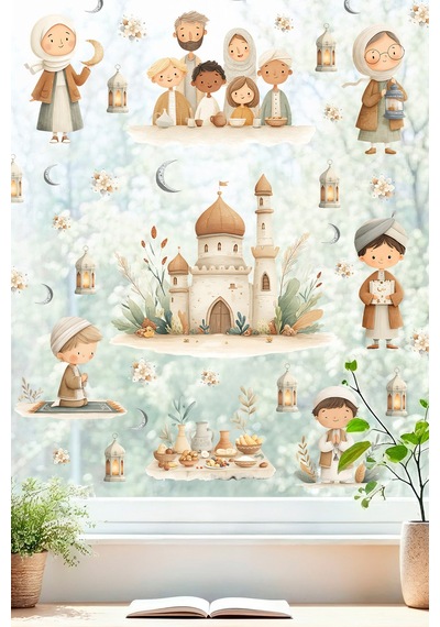 Ramazan Temalı Çift Taraflı Cam Sticker Seti Çocuklar İçin Sevimli İslami Figürler & Cami Tasarımları Dijital Baskı