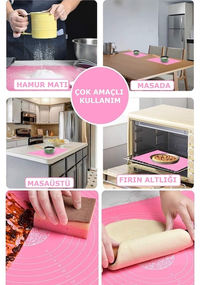 Tilbe Home Silikon Hamur Açma Matı Ölçülü Isıya Dayanıklı Hamur Yoğurma Matı Çok Renkli M Fırın Altlığı Orta Hamur Fırçası 4485478