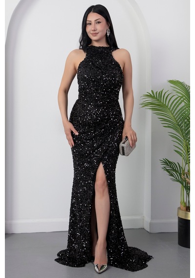 Kalopya Halter Yaka Yırtmaçlı Pulpayet Elbise Ecr5482 Siyah