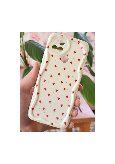 Fibaks Oppo A15/a15s Uyumlu Kılıf Kamera Korumalı Dalga Kenarlı Kırmızı Kalp Desenli Silikon Kapak