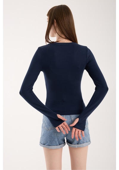 Gugus Kadın Modal/viskon Kumaş Bisiklet Yaka Parmak Geçirmeli Body Lacivert