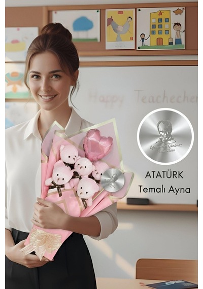 Öğretmen'e Hediye: Atatürk Temalı Aynalı Kalpli Balonlu 6 Lı Pembe Ayıcık Buketi-24 Kasım Öğretmenler Günü Hediyesi