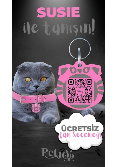 Petjoo 3.Susie Gri-Pembe Qr'lı Kedi Künyesi