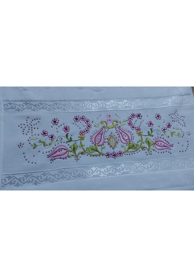 Algelsineve Taş İşlemeli Kadife Dokulu Pamuklu Baş & El Havlusu Işıltılı Çiçek Nakışlı 50 90 Cm 200 Gr Pembe