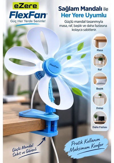 Ezere Flexfan Klipsli Elektirikli Vantilatör Ev Ofis Mini Fan
