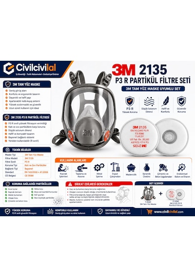 3m 6800 Tam Yüz Maskesi + 3m 2135 P3 Filtre