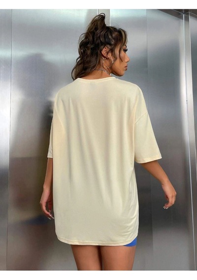 Flood Of Style Kadın Ekru Calıfornıa Baskılı Bisiklet Yaka Tshirt