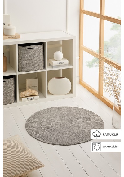 Ocean Home Textile Yıkanabilir Gri Kırçıllı Pamuklu Halı Kilim 80 Cm Çap