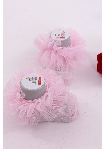 Burçak Çorap Soft Yıkamalı Kız Bebek Çorabı - Tül Ve Güpür Detaylı Pamuklu Model 4'lü Pembe