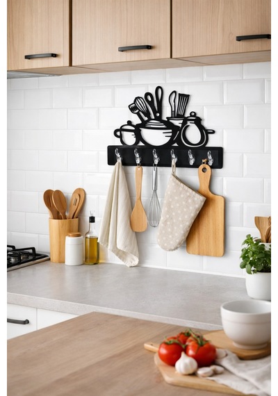 Mutfak Temalı Duvar Askılığı 6 Kancalı Mdf Duvar Askısı 39 X 29 Cm Siyah Siyah