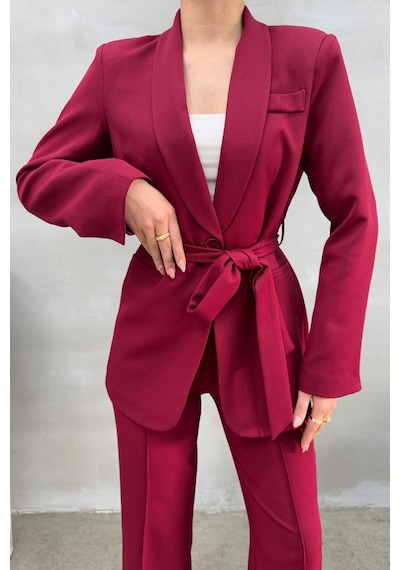 Msm Fashion Kadın İkili Kuşaklı Blazer Ceket Pantolon Takım Bordo