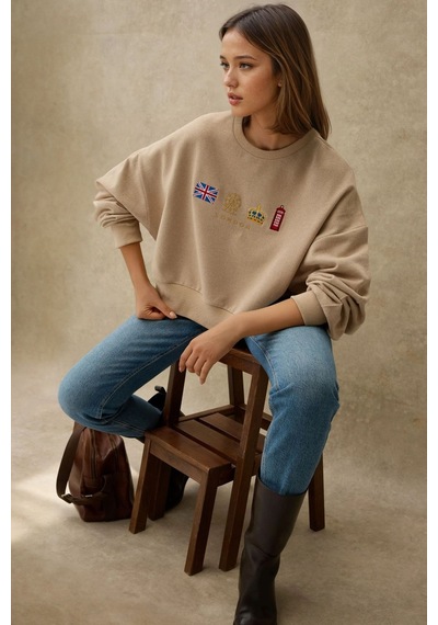 Hiccup İşlemeli Yuvarlak Yaka Sweatshirt Natural