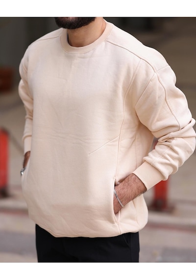 Kalın İçi Pamuklu Cepli Oversize Sweatshirt Krem