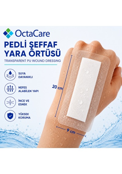 Octacare Su Geçirmez Pedli Şeffaf Pu Film Steril Yara Örtüsü 9cm 20cm 50 Adet