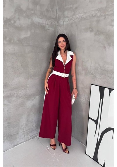 Neşeli Butik Kadın Bordo Çift Renkli Kemerli Şerit Detaylı Tam Boy Kolsuz Tulum Nbk087