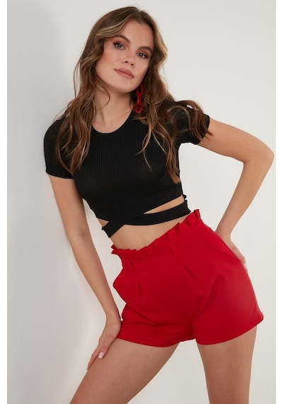 Lela Fitilli Bel Detaylı Kısa Kollu Dar Kesim Crop Bayan Bluz 5864211 Siyah