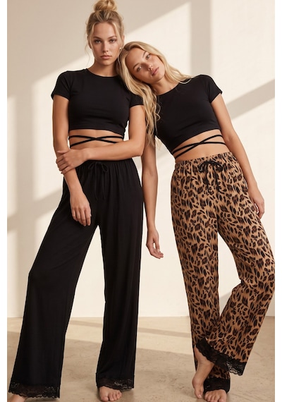 Siyah İnci 2'li Fiyonk Desenli Yumuşak Tuşe Kışlık Örme Tek Alt Pijama Altı 8074 Siyah Leopar
