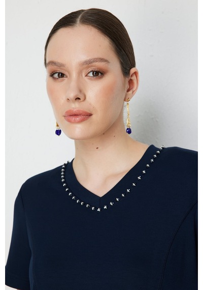 On Kadın Yakası Taşlı Vatkalı Bluz 76415 Lacivert