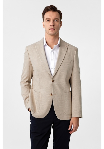 Süvari Bej Slim Fit Desenli Sivri Yaka 6 Drop Ceket