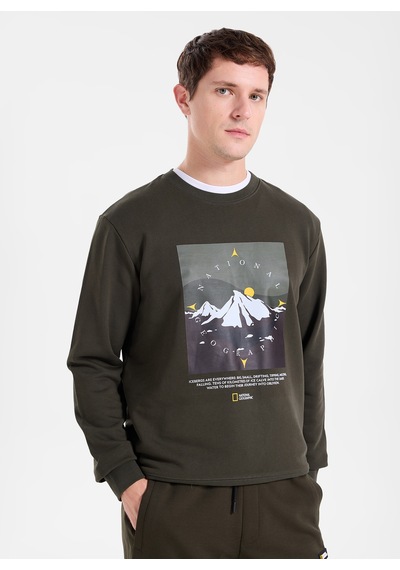 National Geographic N6wm-swt4339 Haki Kapüşonlu Relaxed Baskılı Erkek Sweatshirt