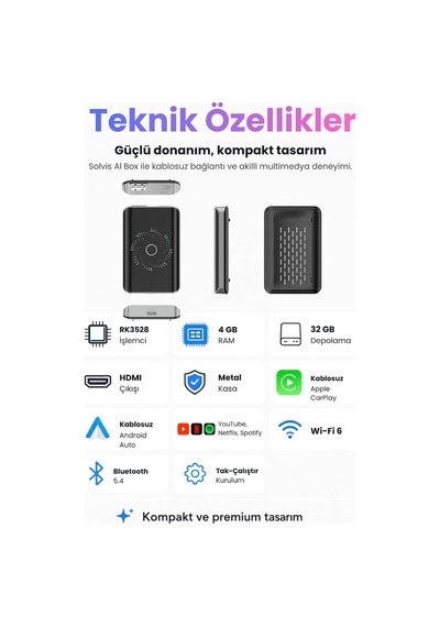Tr Ai Box Kablosuz Carplay & Android Auto Multimedya Dönüştürücü