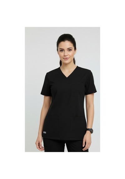 Tek Üst Siyah Unisex Doktor Ve Hemşire Forması Scrubs Likralı Yarasa Kol